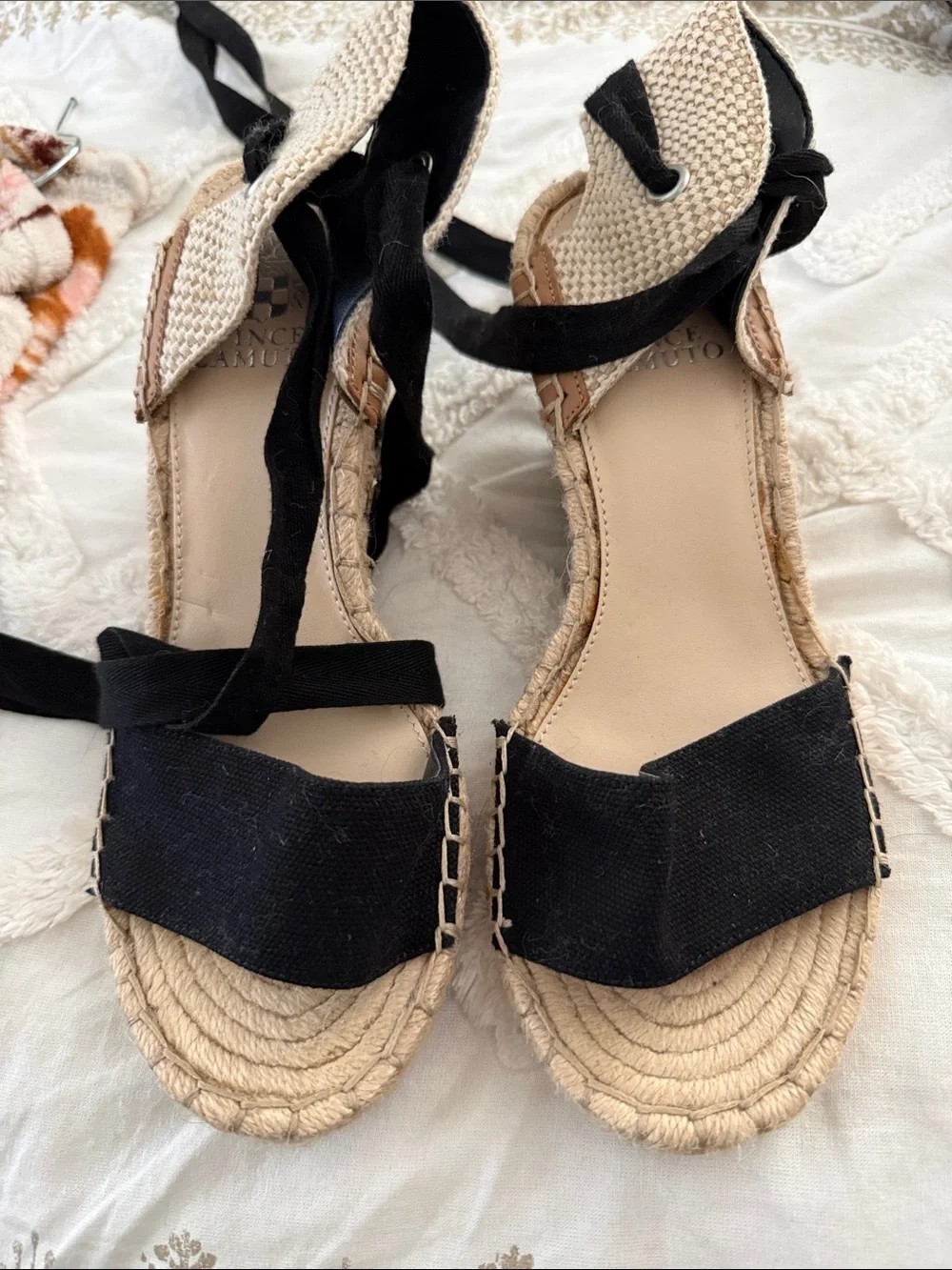Vince Camuto Black Canvas Espadrille Ankle-Tie Sandals